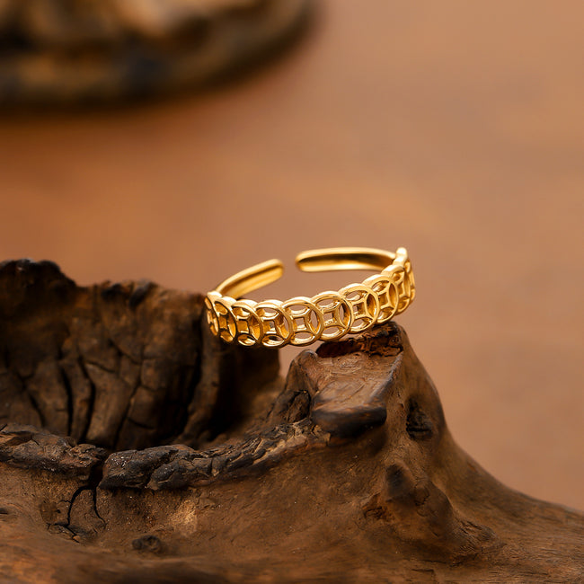 Lucky Coin Titanium Steel Ring For Women & Men, Hollow Coin Design, Feng Shui Wealth Lucky Jewelry, Anti-Fade Couple Rings Main Image