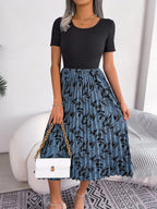 Women   Casual Leaf Print High Waist Pleated Midi Dress
