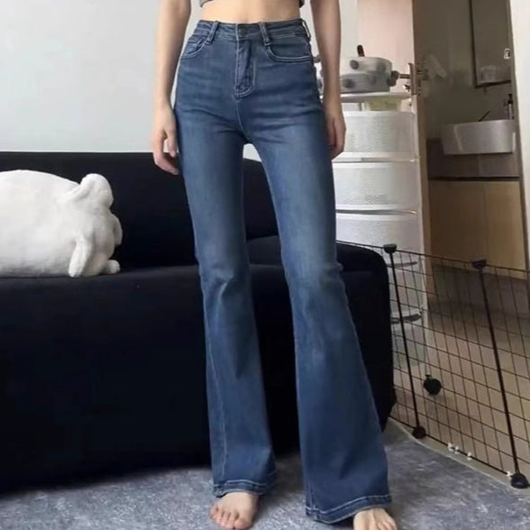 FallWinter Plus-Size Dark Blue Flared Jeans For Shorter Women Hover Image