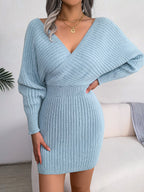 Cross V-Neck Batwing Sleeve Bodycon Sweater Dress