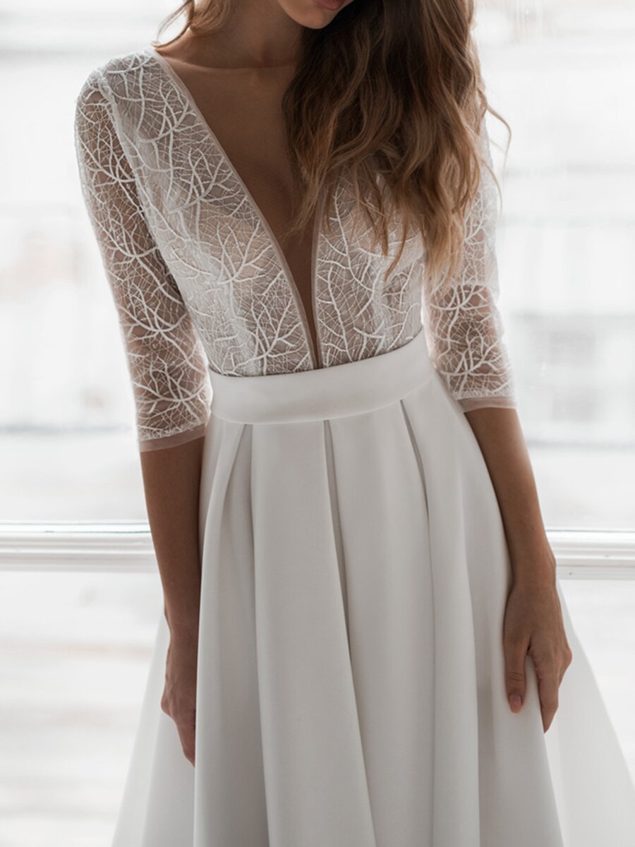 Latest Satin Long Sleeve Embroidered V-neck  Back Lace Bridal Wedding Dress