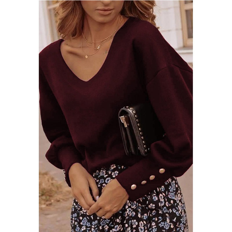 Solid Color Button Long Sleeve V-neck T-shirt Women