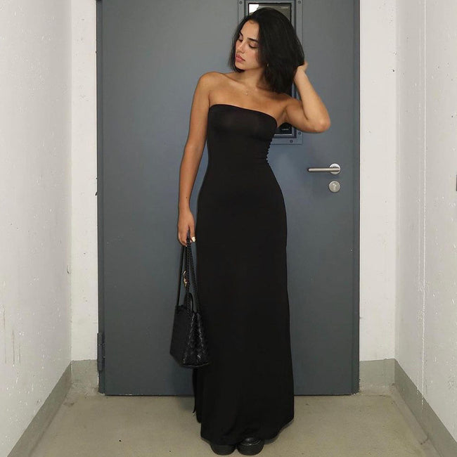 Solid Color Slim-fit Slit Long Dress Hover Image
