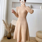 Round Neck Linen Pattern Waist Is Thinner A-line Knit Dress Female