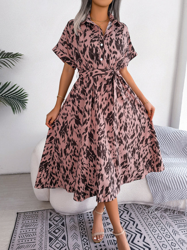 Women's Casual Loose Leopard Print Tie Waist Shirt Dress Hover Image