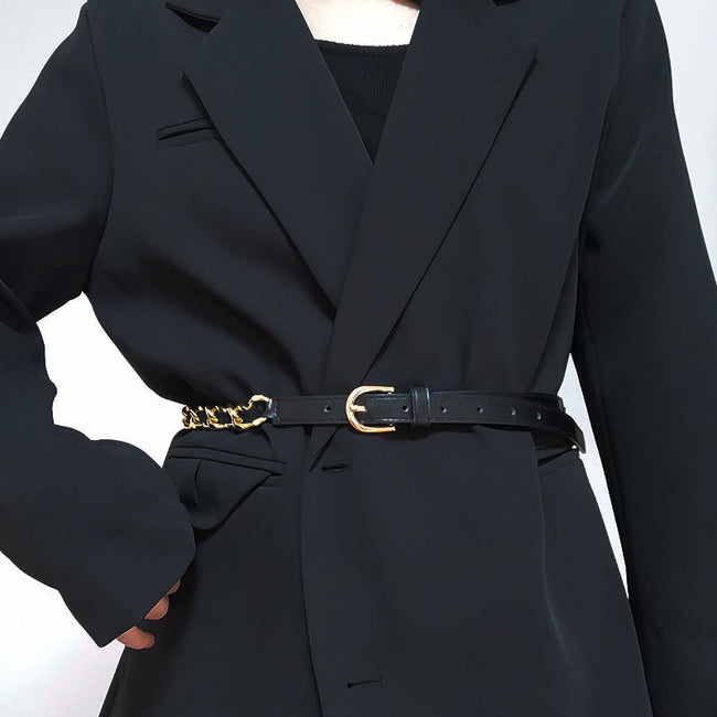 European And American Simple Women's Metal Chain Woven PU Stitching Belt Punk Versatile Simple Waist Chain Hover Image