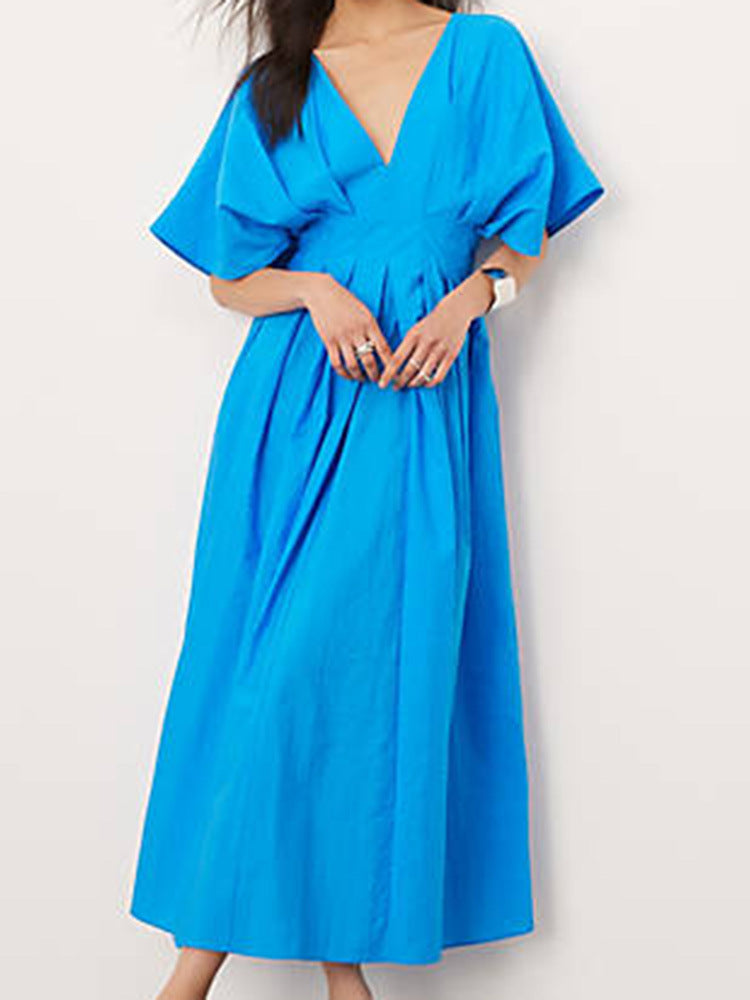 Blue V-neck Pleated Dress Bell Sleeve Dress French Style