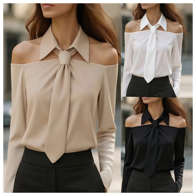 Fashion Women Tank Top Halter Neck Strap Lapel Design Long Sleeve Blouses Sexy Shirt For Spring Summer Hover Image