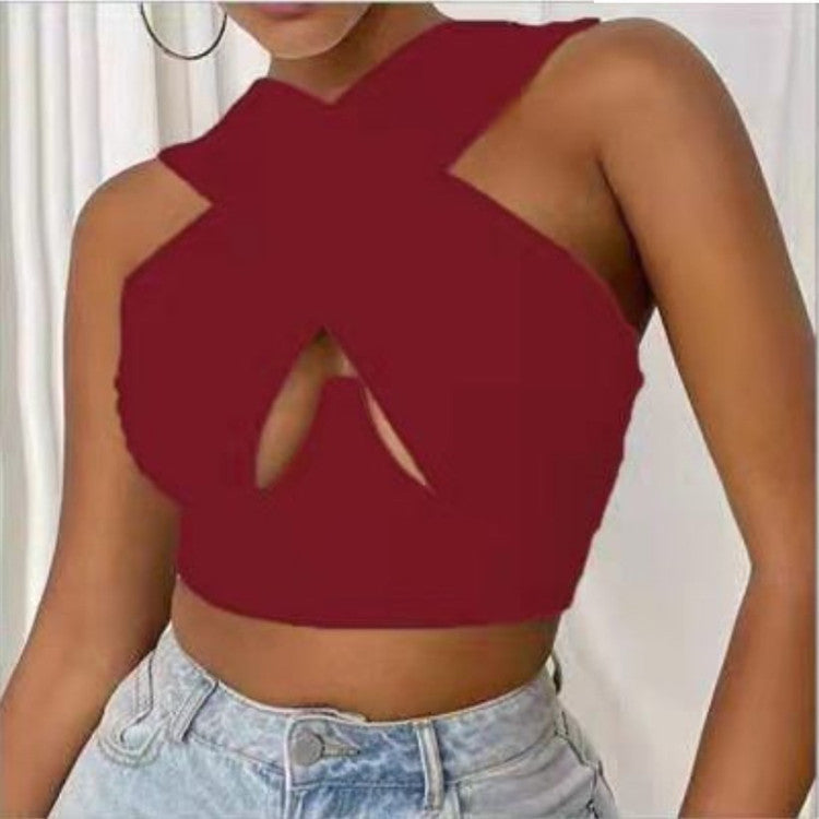 V Neck Cross Cut Zipper Short Umbilical Vest Women