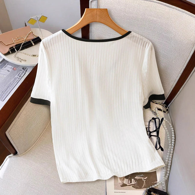 Slim-fit Knit Womens Clothing Contrast-color Womens Short Sleeves Main Image