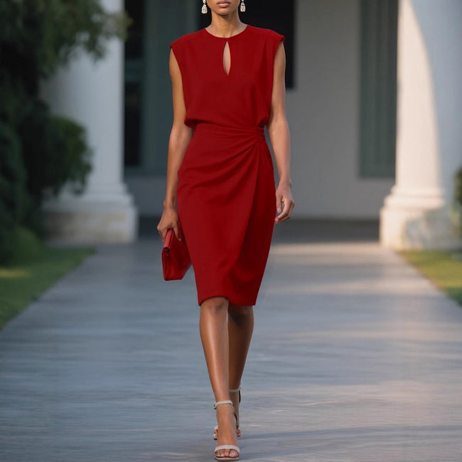 Women's Retro Elegant Solid Color Cross Front Knotted Round Neck Hollow Out Dress - Lightweight Summer Casual A-Line Midi Dress Party Dresses Main Image