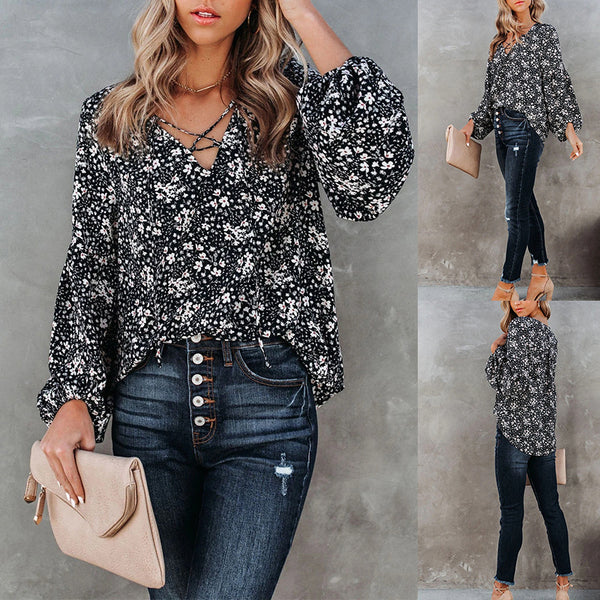 European And American Women Floral Long-Sleeved Loose Casual Shirt