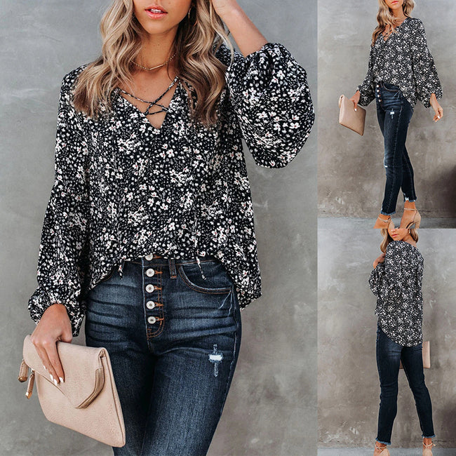 European And American Women Floral Long-Sleeved Loose Casual Shirt Hover Image