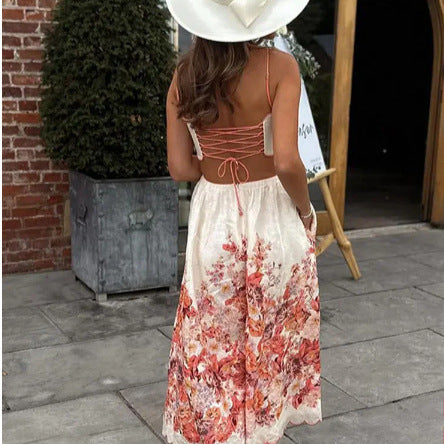 Women's Fashion Hollowed-out Printing Slip Dress