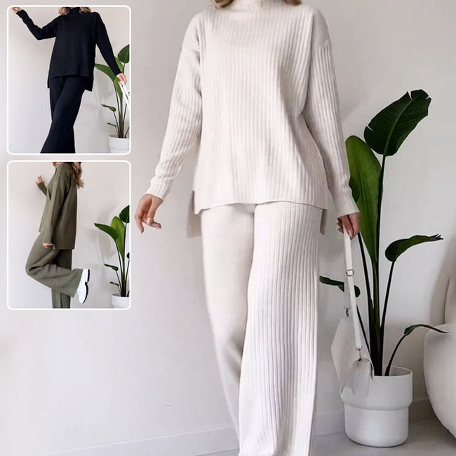 Turtleneck Knitted Suit Loose Split Design Long-sleeved Top And Straight Trousers Fashion Casual Solid Set Women's Clothing Hover Image