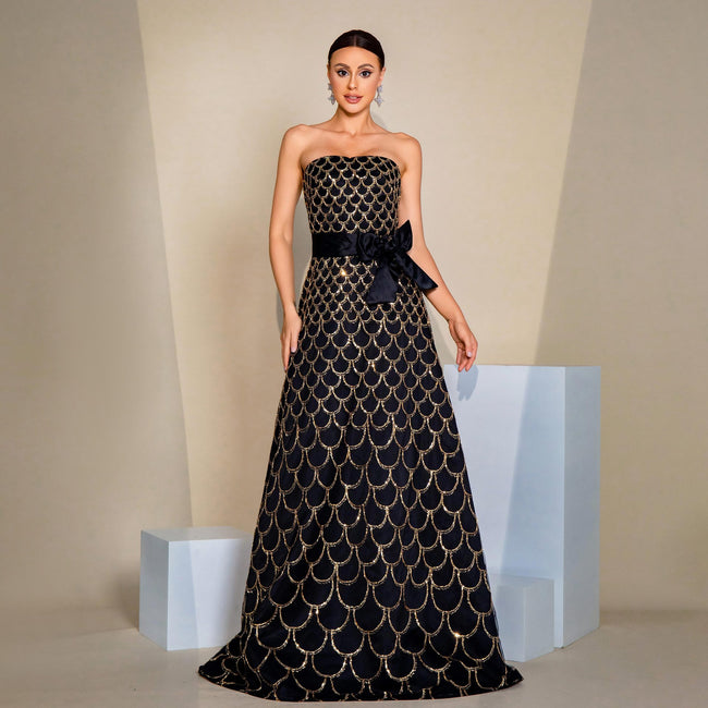 Off-neck Wrapped Chest Nipped-waist Large Swing Sequined Evening Dress Hover Image