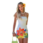 Tube Top Cinched Waist Positioning Printed Dress