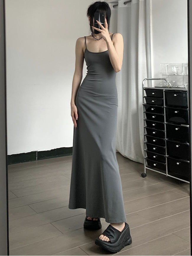High-Waist Slimming Strap Dress, Solid Color Casual A-Line Knee-Length For Women Hover Image