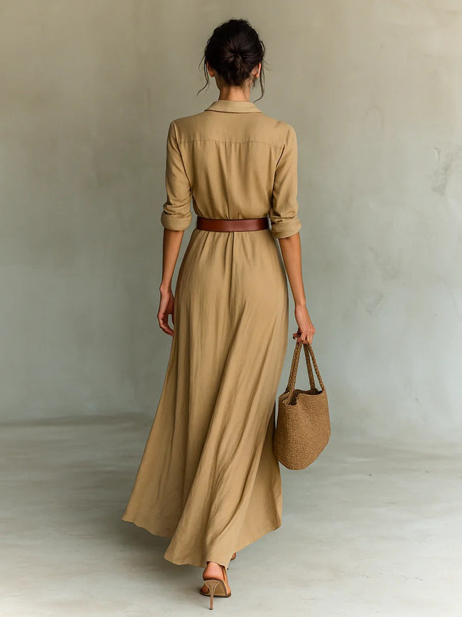 Irregular Long Dress With Belt Fashion And Elegant Button Lapel Long-sleeved Shirt Dresses Daily Office Commuting Clothing For Women Main Image