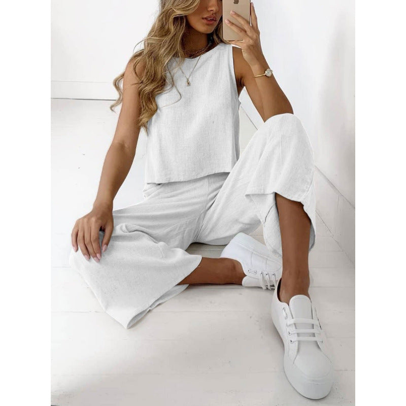 Cotton And Linen Suit Women's Sleeveless Shirt Cropped Wide-leg Pants Two Piece Set