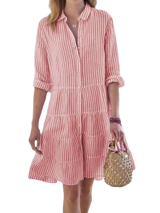 Ins Striped Long-sleeved Shirt Dress Fashion Lapel Button Dresses For Women Main Image