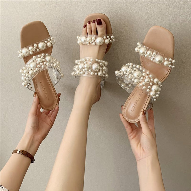 Outer Wear Thick Heel Transparent Crystal With Rivet Half-drag Sandals Women Hover Image
