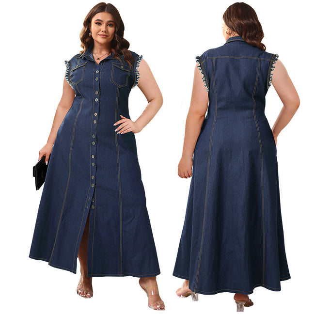 Button Cardigan Denim Long Dress For Women Main Image