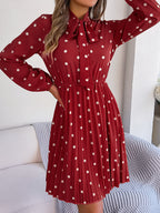 Women's Polka Dot Tie-Waist Long Sleeve Pleated Maxi Dress