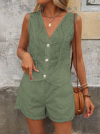 Solid Color Casual V-neck Vest Button Shorts Suit Women