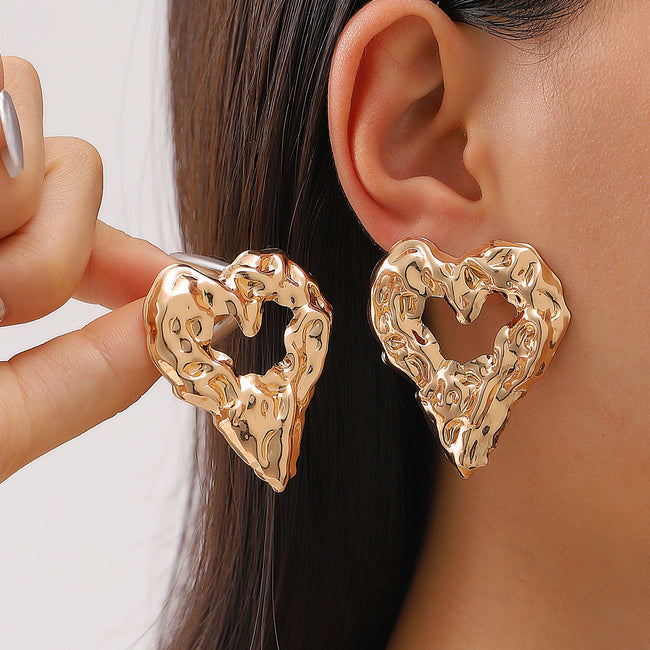 New Pleated Lava Hollow Heart-shaped Earrings Personality Exaggerated Love Earrings For Women Valentine's Day Jewelry Hover Image