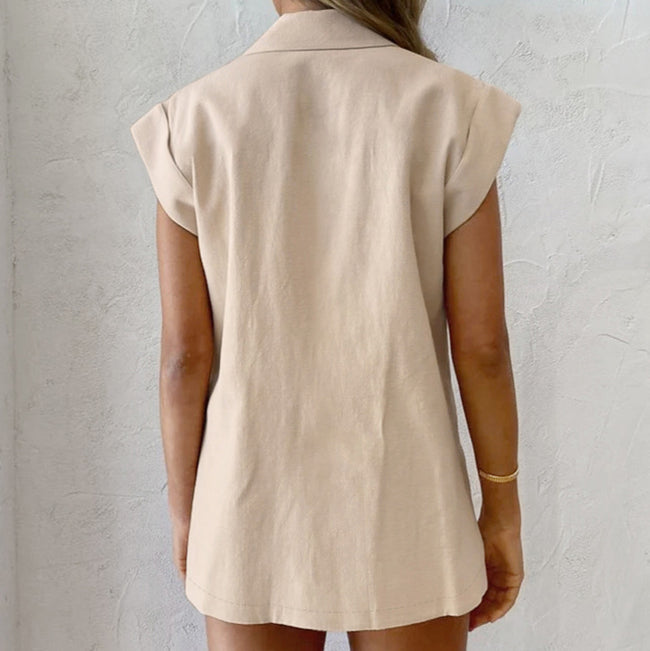Women's British-style Suit Collar Cotton And Linen Casual Sleeveless Top And Shorts Two-piece Set Main Image