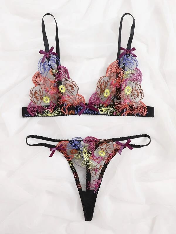 Sexy Womens Colorful Embroidered Three-Piece Lingerie Set Main Image