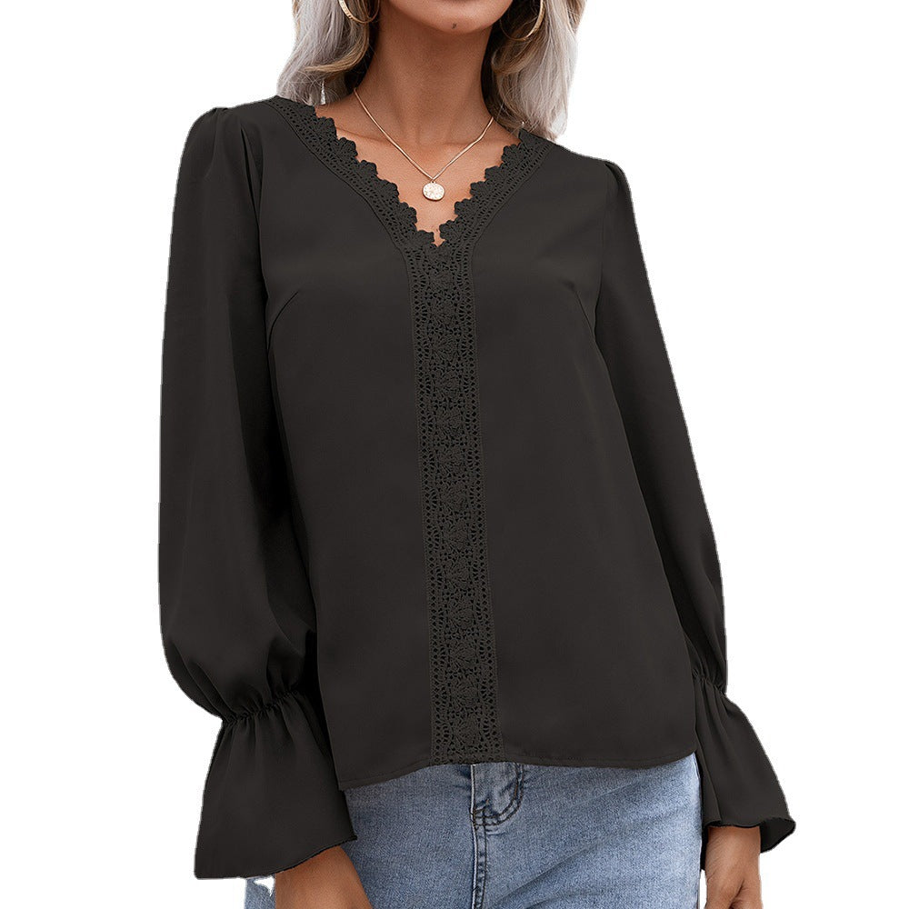 Temperament V-neck Hollow Lace Long-sleeved Shirt Women