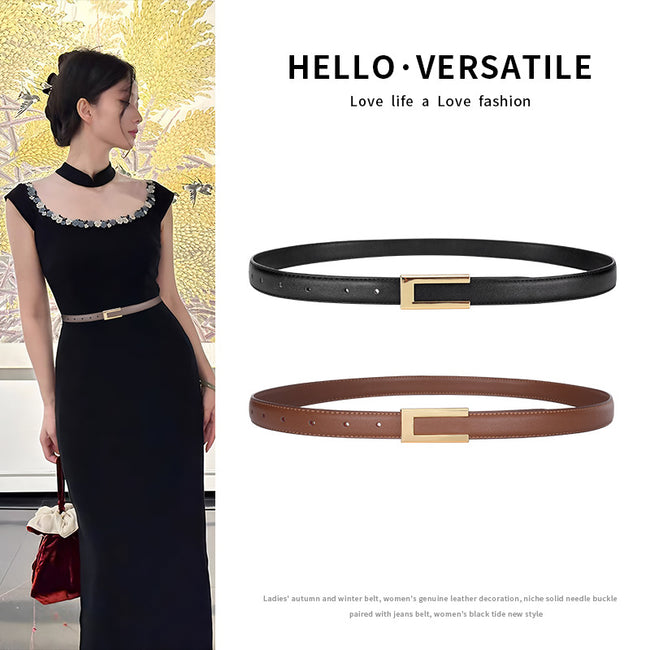 Cowhide Retro Black All-match Decorative Skirt Suit Jeans Leather Thin Belt Hover Image