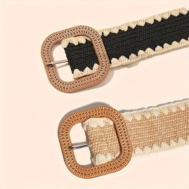 European And American Wooden Buckle Elastic Pp Grass Belt Main Image