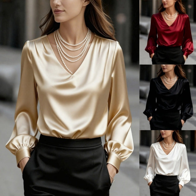 Bubble Sleeve V-neck Long Sleeve Blouse For Women Hover Image