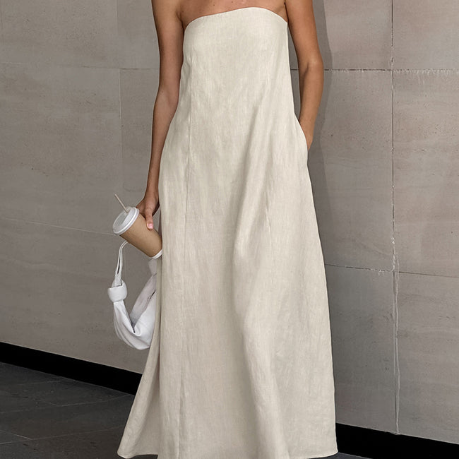 French Style Khaki Cotton Linen Tube Top Vacation Style High Waist Dress Main Image