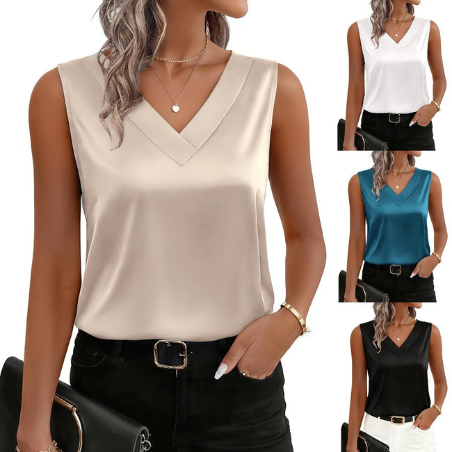 Womens Satin Camisole V-Neck Casual Sleeveless Blouse Top Hover Image
