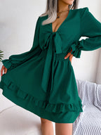 Women  Casual Tie Waist Ruffle Trim Flowy Dress