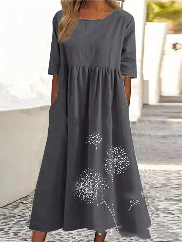 Round Neck Half Sleeve Printed Plus Size Loose Casual Dress