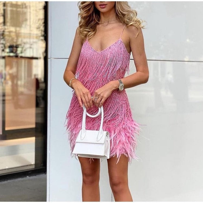 Sexy Tassel Sequins Feather Summer Mini Dress Women V Neck Spaghetti Strap Stitching Dresses Female Elegant Evening Party Club Dress Main Image