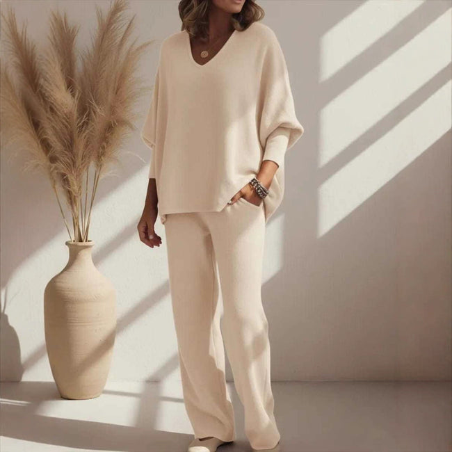 V-neck Long-sleeved Top Knitted Home Pants Suit 2-piece Set Hover Image