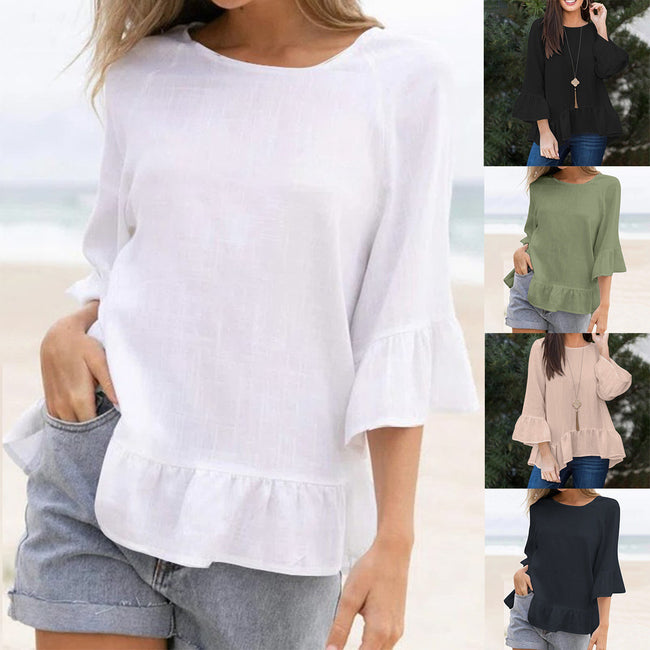 Women's Ruffled Cotton And Linen Style Solid Color T-shirt Casual Beach Blouse Hover Image