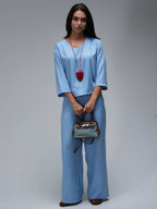 Womens Casual Two-Piece Set Fashionable Solid-Color Loose Cropped-Sleeve Wide-Leg Pants Suit