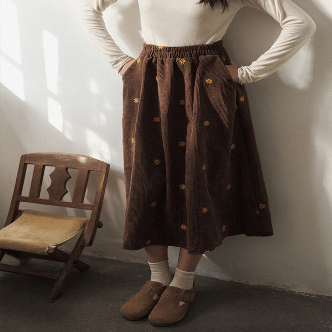 Vintage Corduroy Embroidery Floral High Waist Skirt Main Image