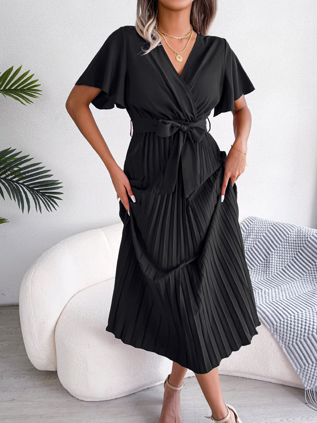 Women   Elegant Cross V Neck Flowy Pleated Maxi Dress Hover Image