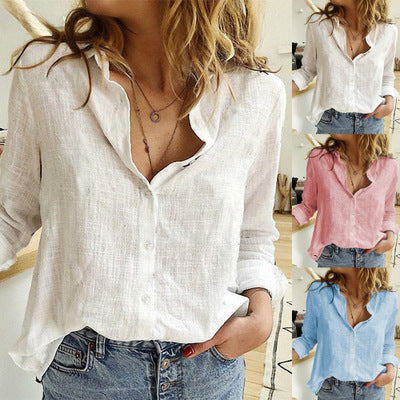 Loose Button Lapel Cardigan Top Long Sleeve Shirt Womens Blouses Hover Image