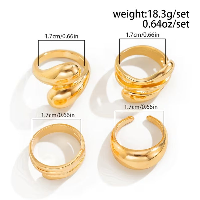 A Set Of 4 Elegant And Minimalist Golden Rings, Adjustable Open Rings For Women, Featuring A MultiLayer Spiral And Teardrop Geometric Design, Suitable For All Seasons Main Image