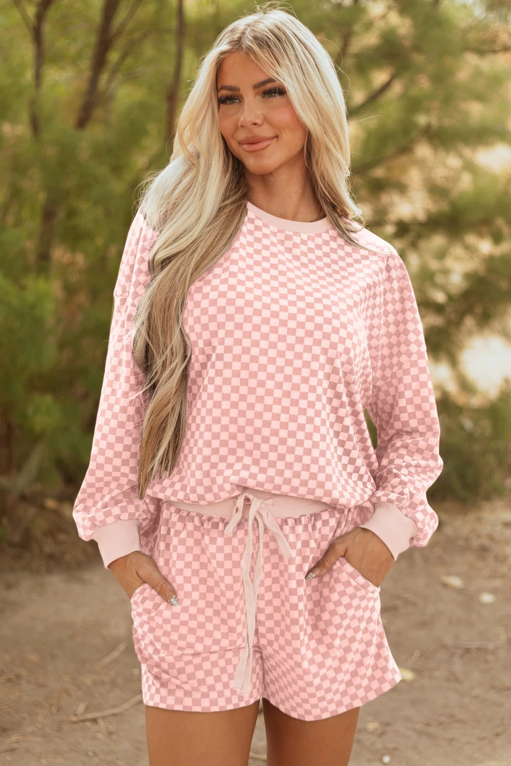 Drawstring Leisure Suit Women's Printed Checks Long Sleeve Two-piece Set