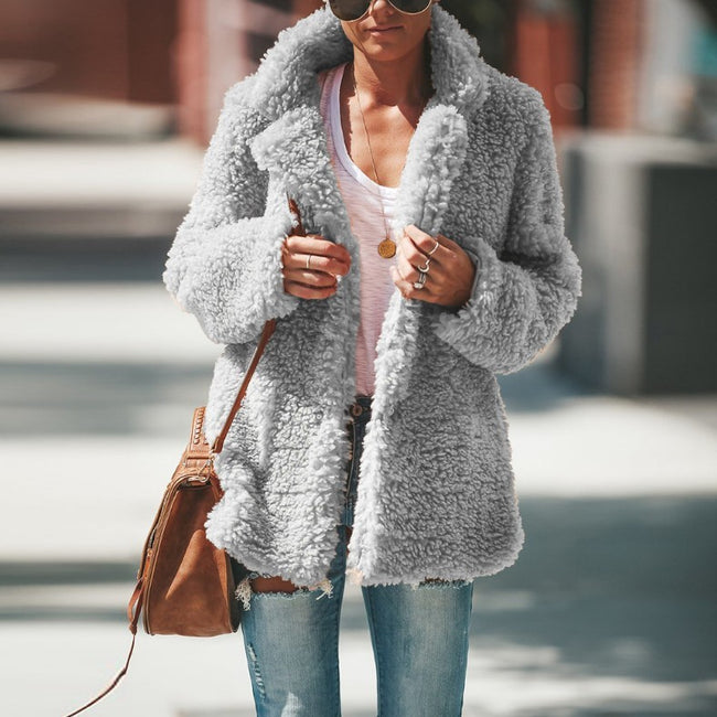 Lapel Long Sleeve Fluffy Furry Faux Fur Jackets Woman Overcoat Hover Image